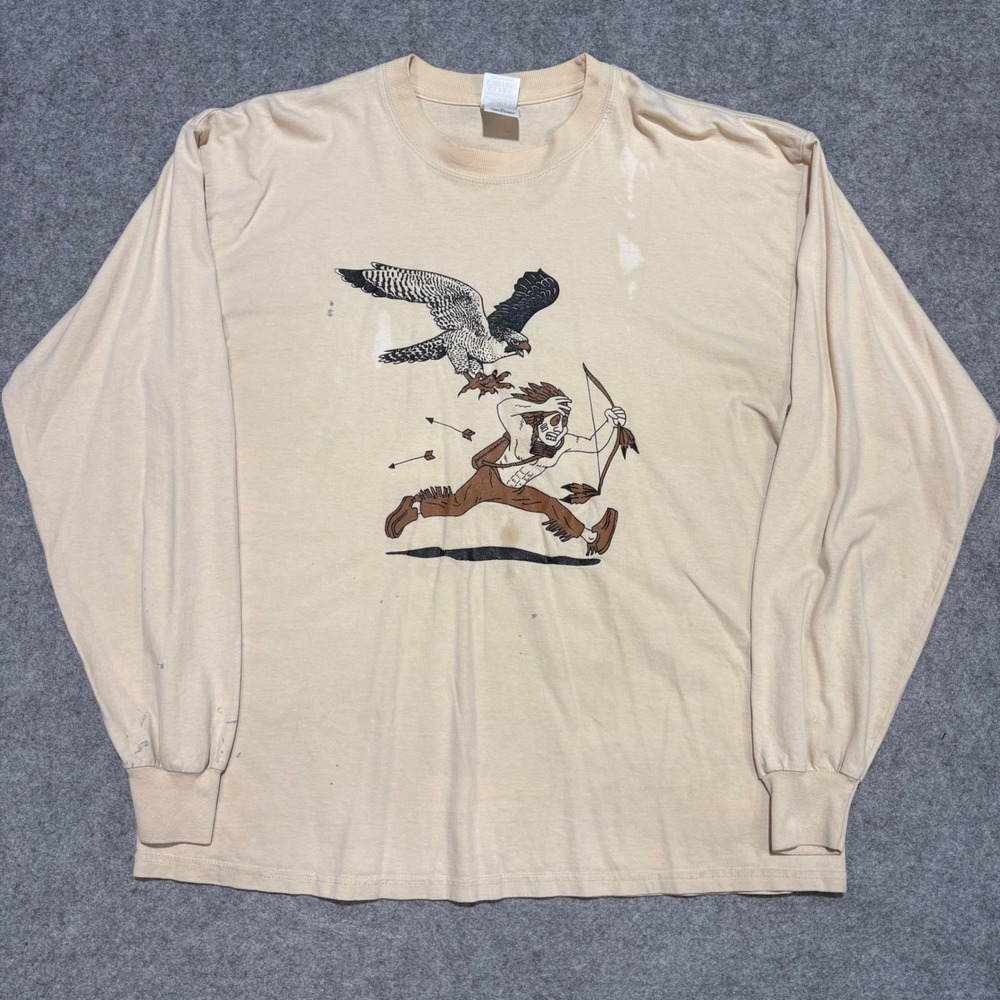 Gildan Ultra Cotton M XL Long Sleeve Graphic T-Shirt Tan Hunter Hawk Distressed